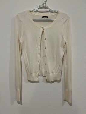 Express Ivory Crewneck Cardigan with Decorative Rhinestone Buttons